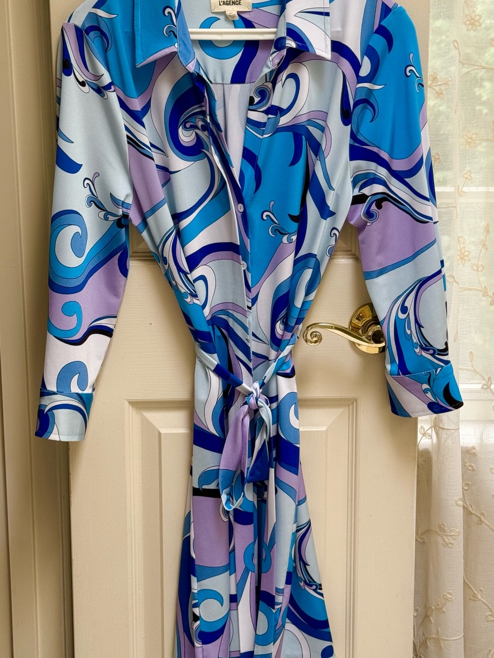 L'AGENCE Blue Swirl Pucci inspired jersey button front dress size S/P